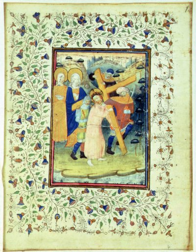 The Carrying of the Cross, from a Book of Hours, Bruges by Master of the Embroidered Foliage
